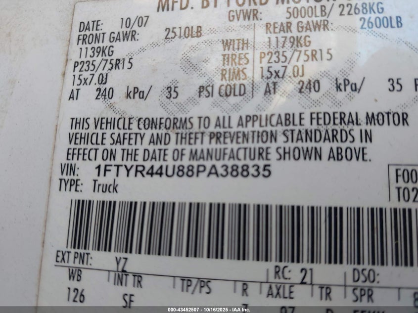 2008 Ford Ranger Sport/Xlt VIN: 1FTYR44U88PA38835 Lot: 43452507