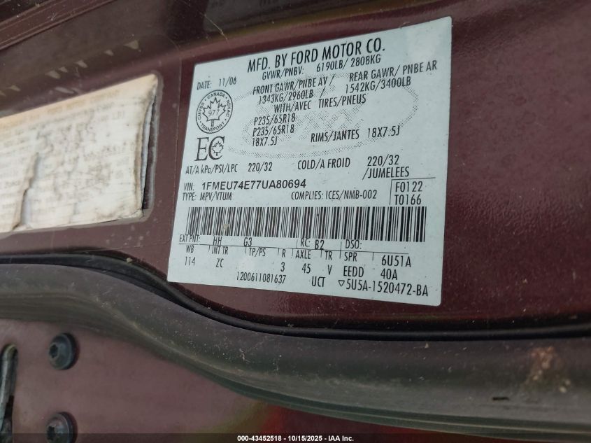 2007 Ford Explorer Eddie Bauer VIN: 1FMEU74E77UA80694 Lot: 43452518
