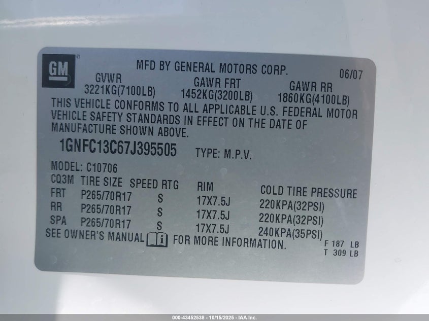 1GNFC13C67J395505 2007 CHEVROLET TAHOE photo no. 9