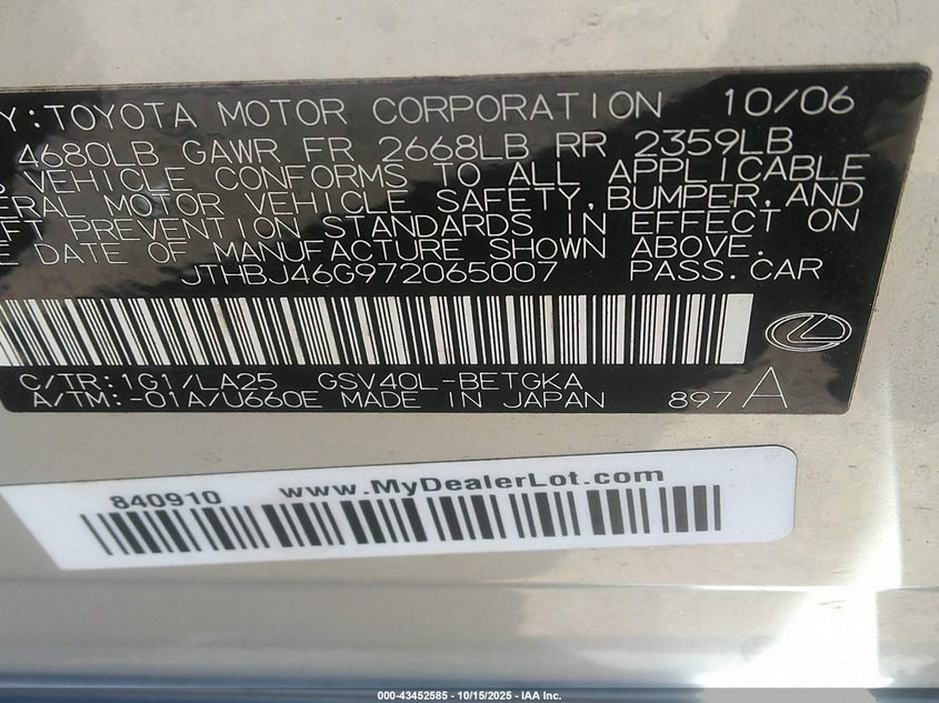 JTHBJ46G972065007 2007 LEXUS ES photo no. 9
