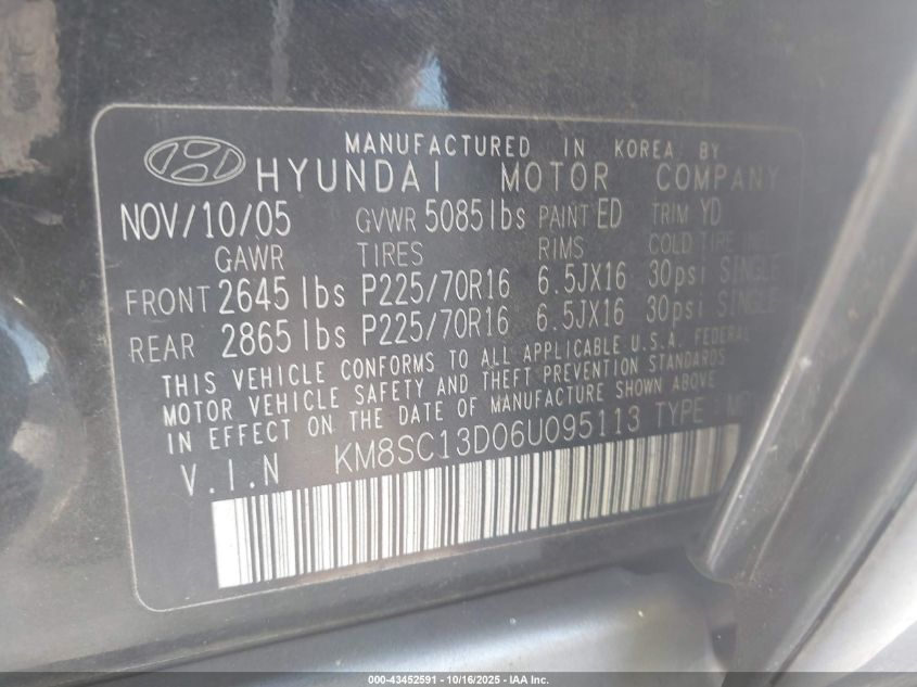 2006 Hyundai Santa Fe Gls VIN: KM8SC13D06U095113 Lot: 43452591