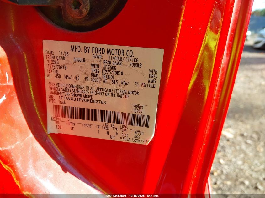 2006 Ford F-350 Lariat/Xl/Xlt VIN: 1FTWX31P76EB83783 Lot: 43452595