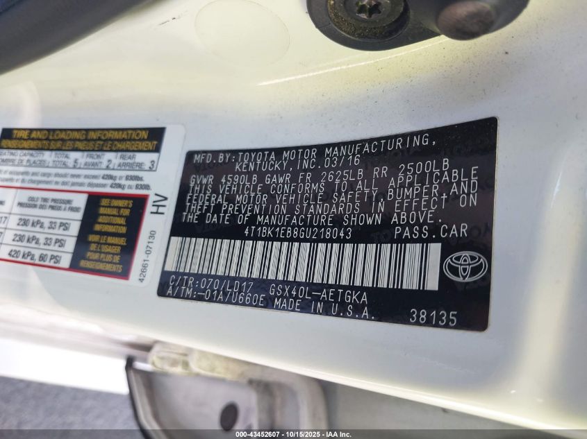 2016 Toyota Avalon Xle VIN: 4T1BK1EB8GU218043 Lot: 43452607