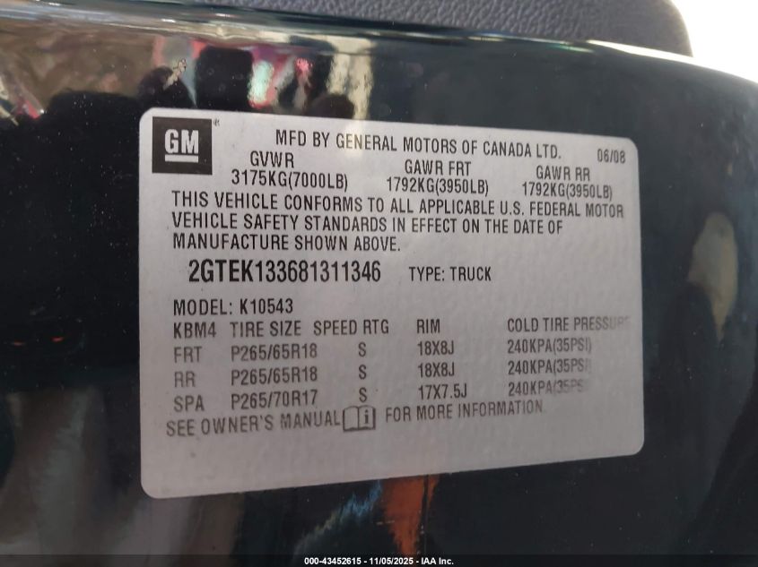 2008 GMC Sierra 1500 Slt VIN: 2GTEK133681311346 Lot: 43452615