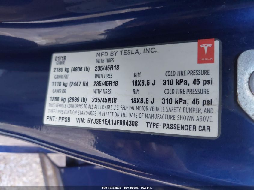 2018 Tesla Model 3 Long Range/Mid Range VIN: 5YJ3E1EA1JF004308 Lot: 43452623