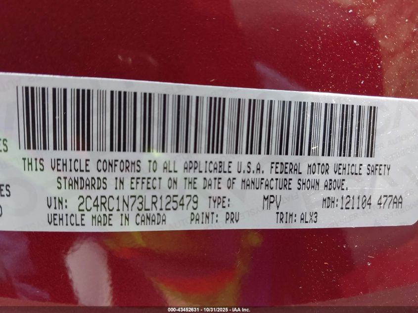 2020 Chrysler Pacifica Hybrid 35Th Anniversary Limited VIN: 2C4RC1N73LR125479 Lot: 43452631