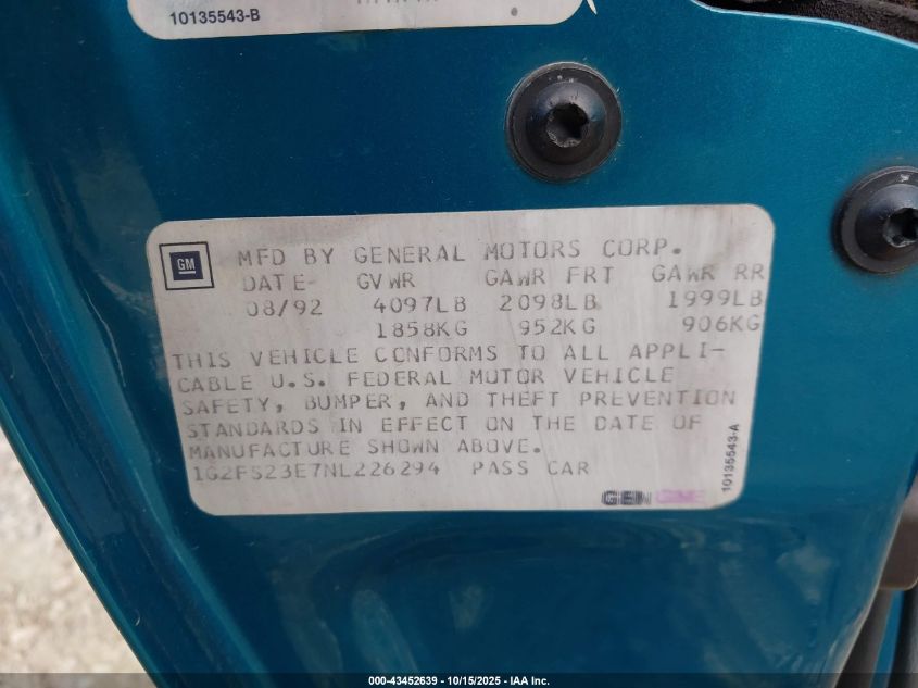 1992 Pontiac Firebird Formula VIN: 1G2FS23E7NL226294 Lot: 43452639