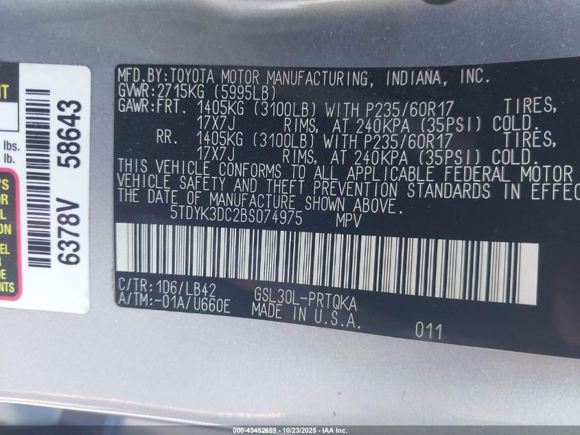 2011 Toyota Sienna Xle V6 VIN: 5TDYK3DC2BS074975 Lot: 43452659