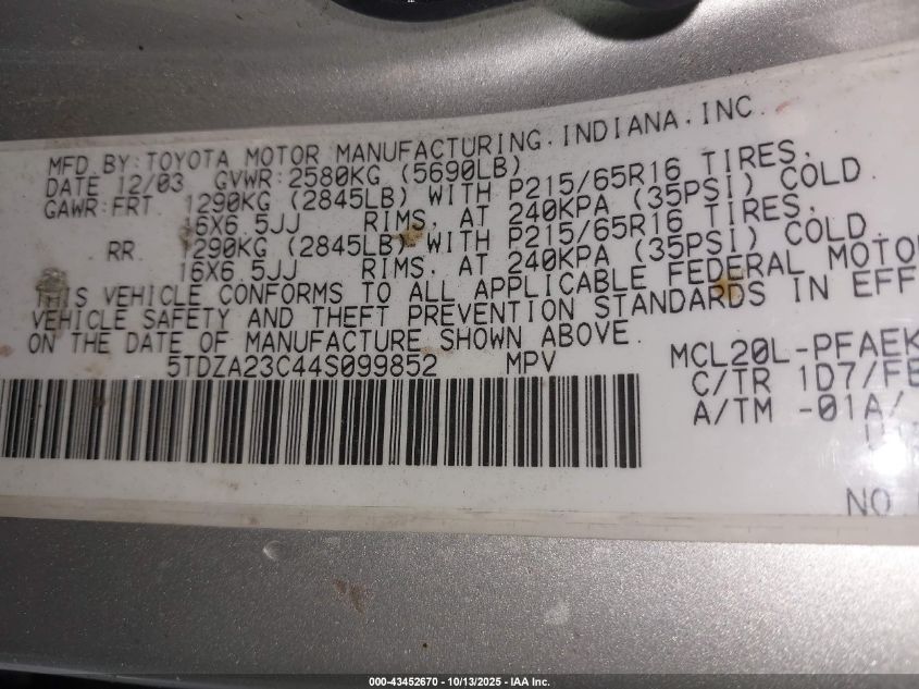 2004 Toyota Sienna Le VIN: 5TDZA23C44S099852 Lot: 43452670