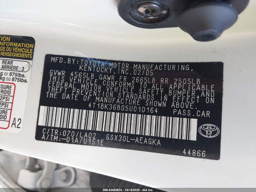 2005 Toyota Avalon Xls VIN: 4T1BK36B05U010164 Lot: 43452674