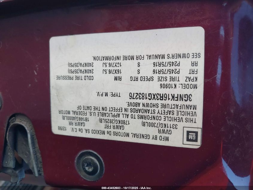 1999 Chevrolet Suburban 1500 Lt VIN: 3GNFK16R3XG183276 Lot: 43452683