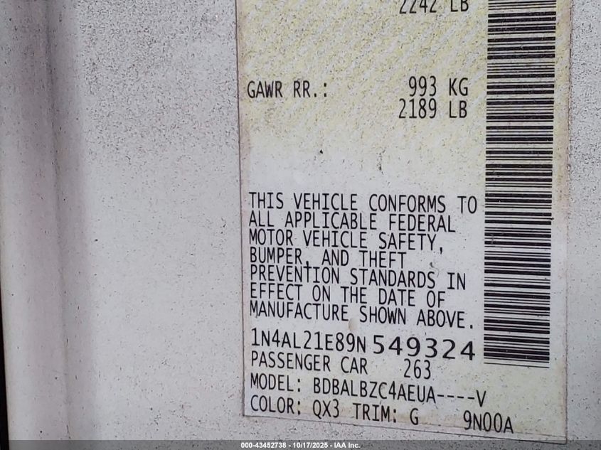 2009 Nissan Altima 2.5 S VIN: 1N4AL21E89N549324 Lot: 43452738