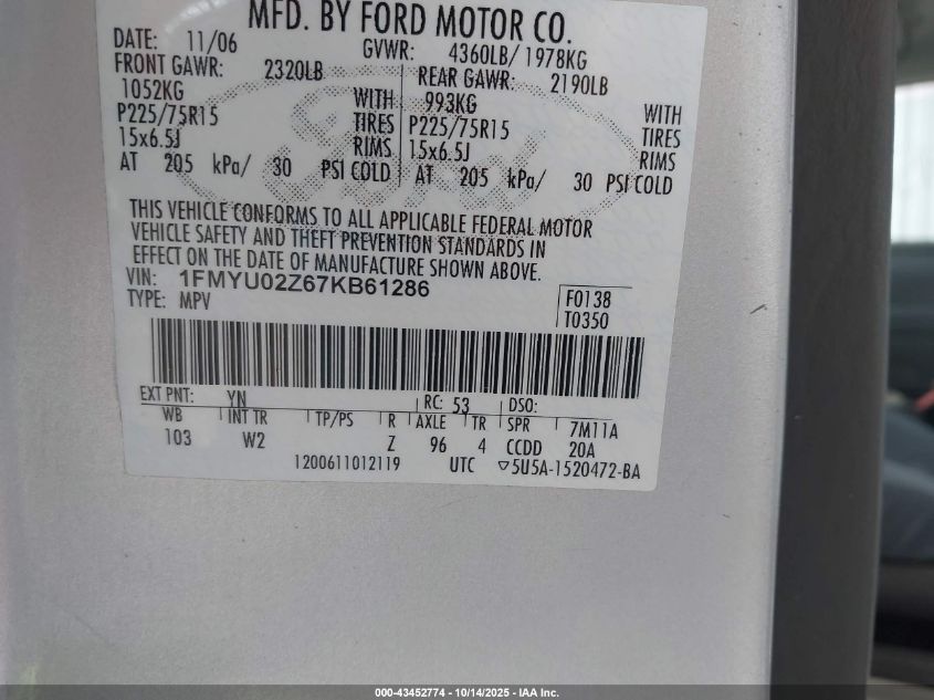 2007 Ford Escape Xls/Xls Manual VIN: 1FMYU02Z67KB61286 Lot: 43452774