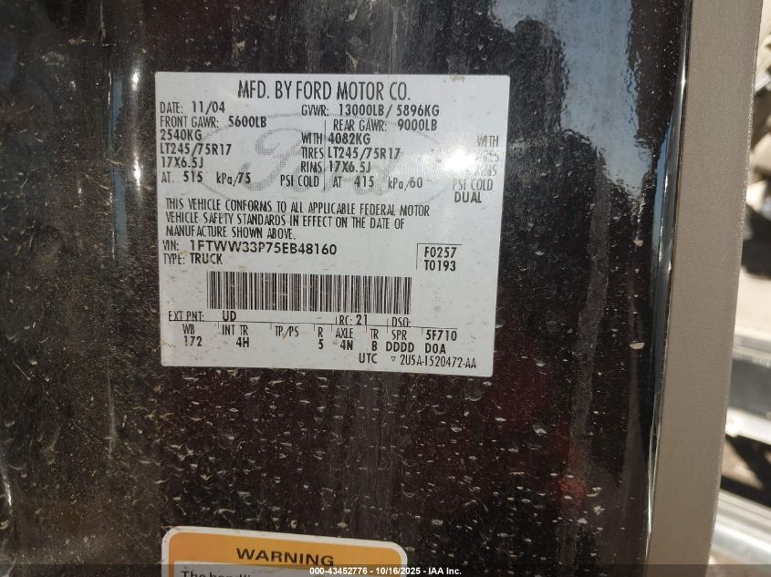 2005 Ford F-350 Lariat/Xl/Xlt VIN: 1FTWW33P75EB48160 Lot: 43452776