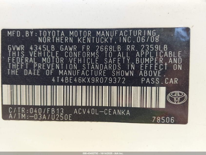 2009 Toyota Camry Le VIN: 4T4BE46KX9R079372 Lot: 43452793