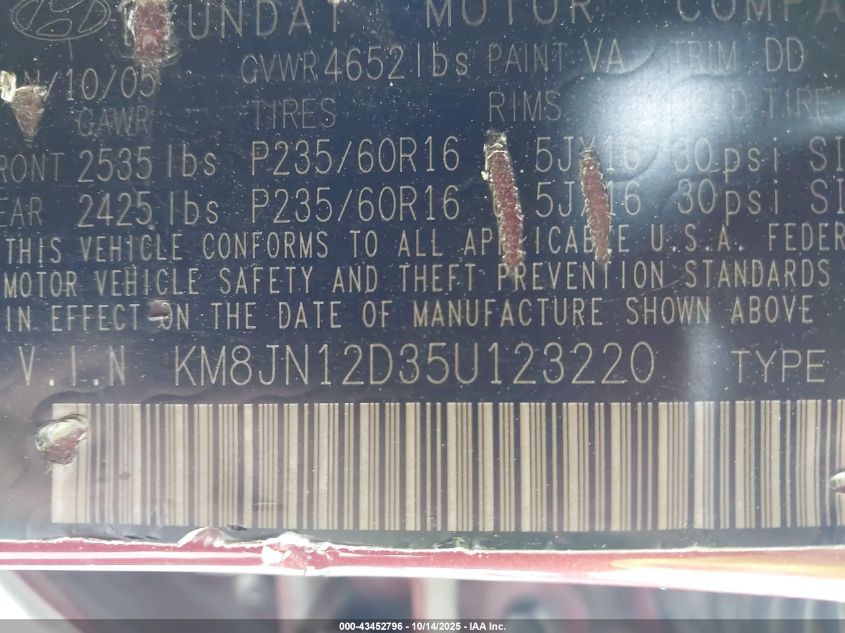 2005 Hyundai Tucson Gls/Lx VIN: KM8JN12D35U123220 Lot: 43452796