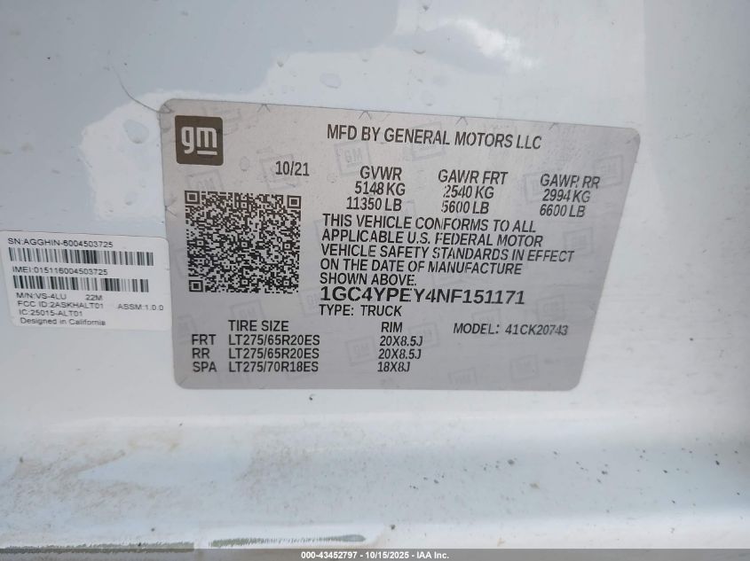 2022 Chevrolet Silverado 2500Hd 4Wd Standard Bed Ltz VIN: 1GC4YPEY4NF151171 Lot: 43452797