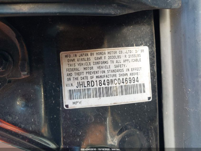 1998 Honda Cr-V Lx VIN: JHLRD1849WC046994 Lot: 43452816