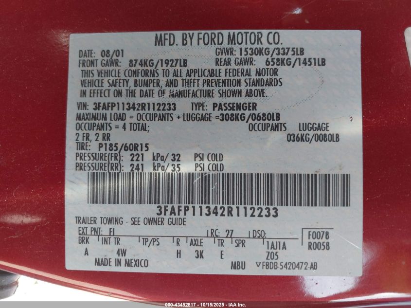 2002 Ford Escort Zx2 VIN: 3FAFP11342R112233 Lot: 43452817