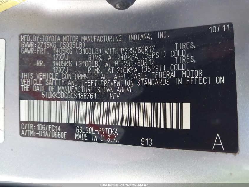 2012 Toyota Sienna Le V6 8 Passenger VIN: 5TDKK3DC6CS188761 Lot: 43452833