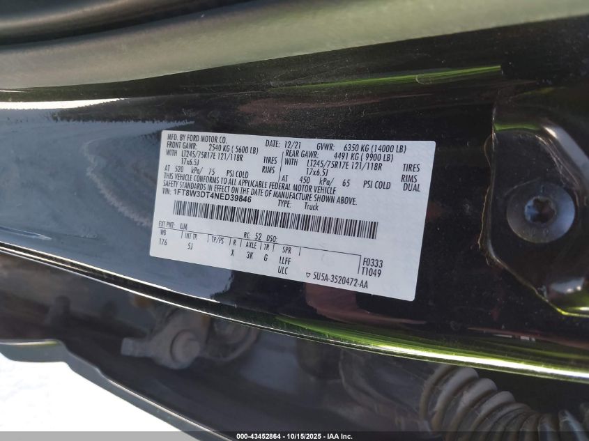 2022 Ford F-350 Lariat VIN: 1FT8W3DT4NED39846 Lot: 43452864