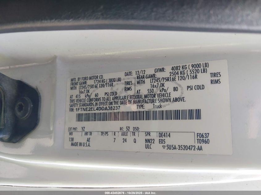 2013 Ford E-250 Commercial VIN: 1FTNE2EL4DDA38237 Lot: 43452876