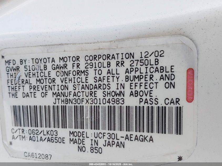 2003 Lexus Ls 430 VIN: JTHBN30FX30104983 Lot: 43452893