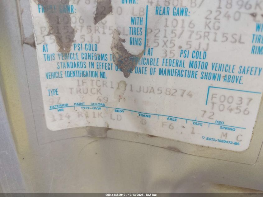 1988 Ford Ranger VIN: 1FTCR11T1JUA58274 Lot: 43452910