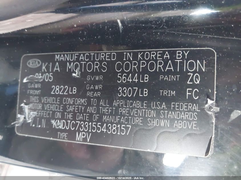 2005 Kia Sorento Ex/Lx VIN: KNDJC733155438157 Lot: 43452923