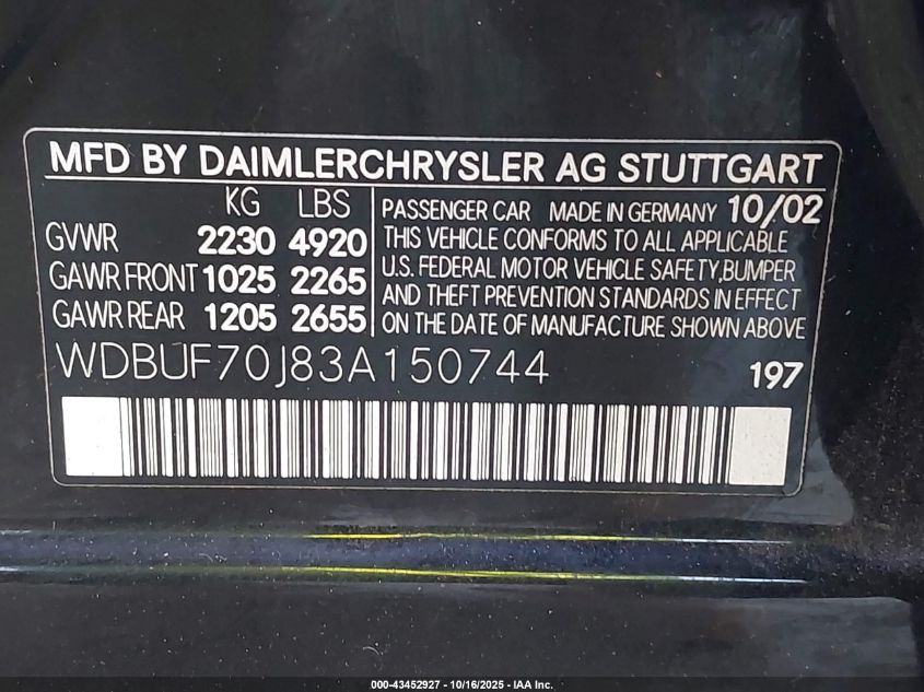 2003 Mercedes-Benz E 500 VIN: WDBUF70J83A150744 Lot: 43452927