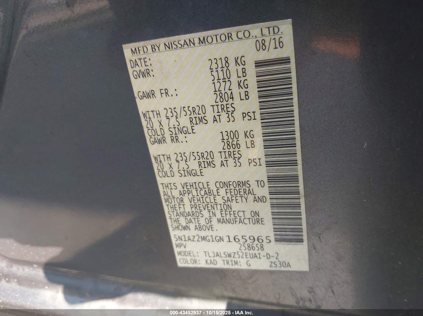 2016 NISSAN MURANO PLATINUM 5N1AZ2MG1GN165965