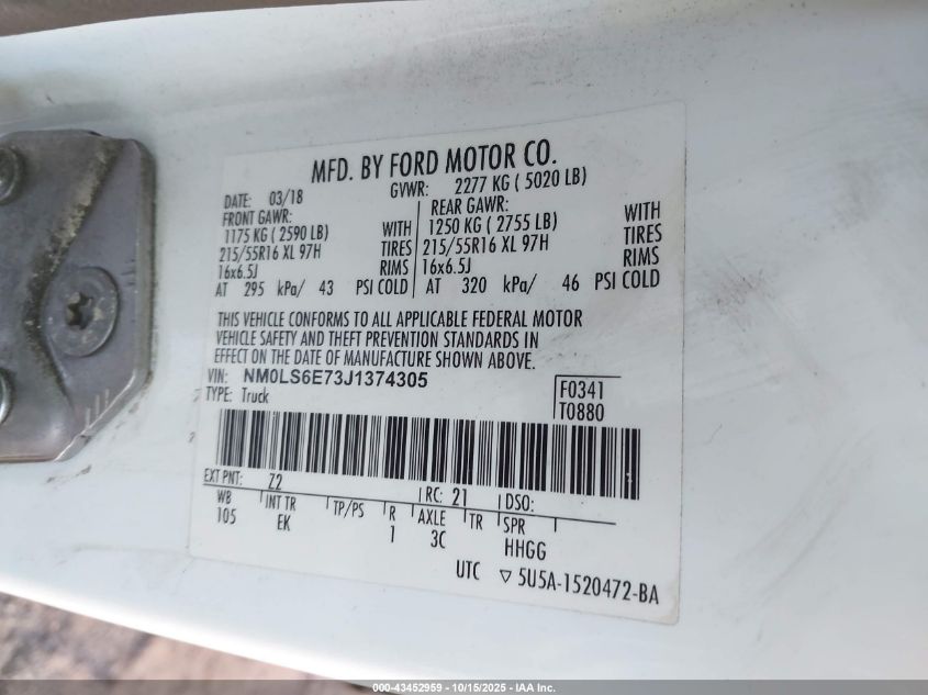 2018 Ford Transit Connect Xl VIN: NM0LS6E73J1374305 Lot: 43452959