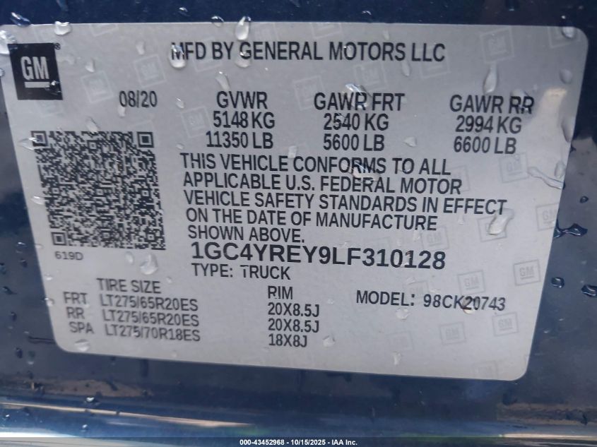 2020 Chevrolet Silverado 2500Hd 4Wd Standard Bed High Country VIN: 1GC4YREY9LF310128 Lot: 43452968