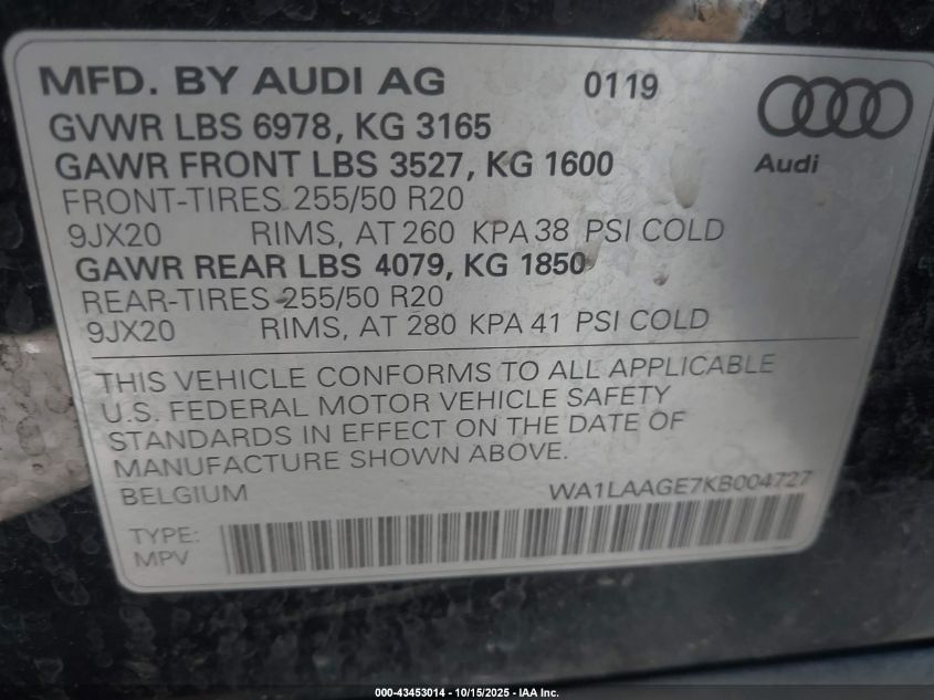 2019 Audi E-Tron Premium Plus VIN: WA1LAAGE7KB004727 Lot: 43453014