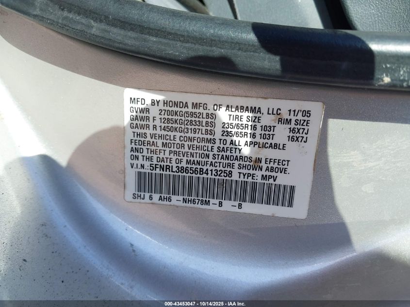 2006 Honda Odyssey Ex-L VIN: 5FNRL38656B413258 Lot: 43453047