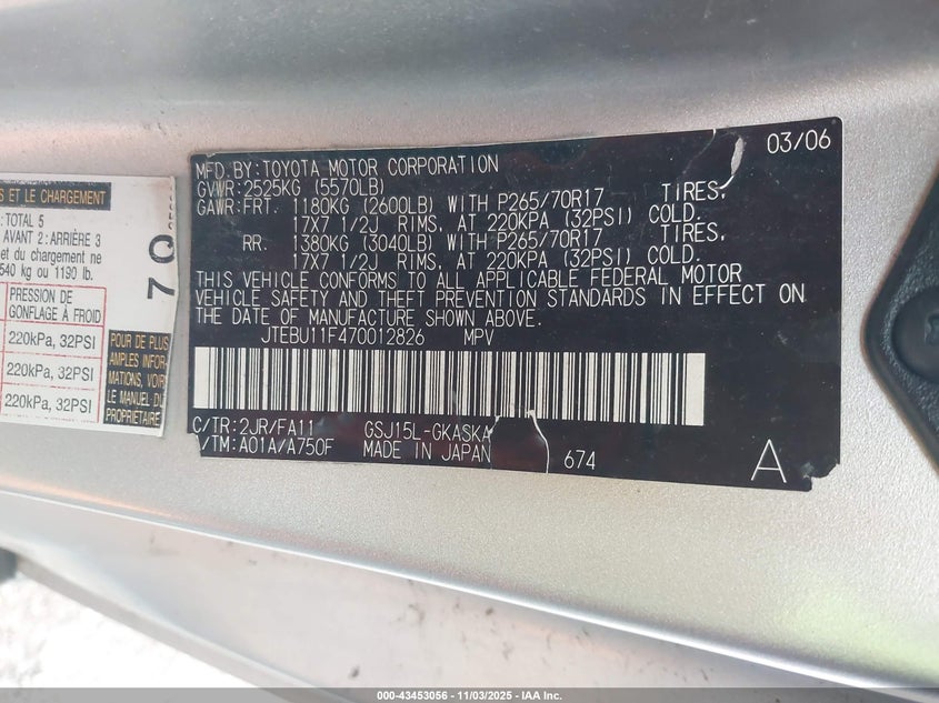 2007 Toyota Fj Cruiser VIN: JTEBU11F470012826 Lot: 43453056