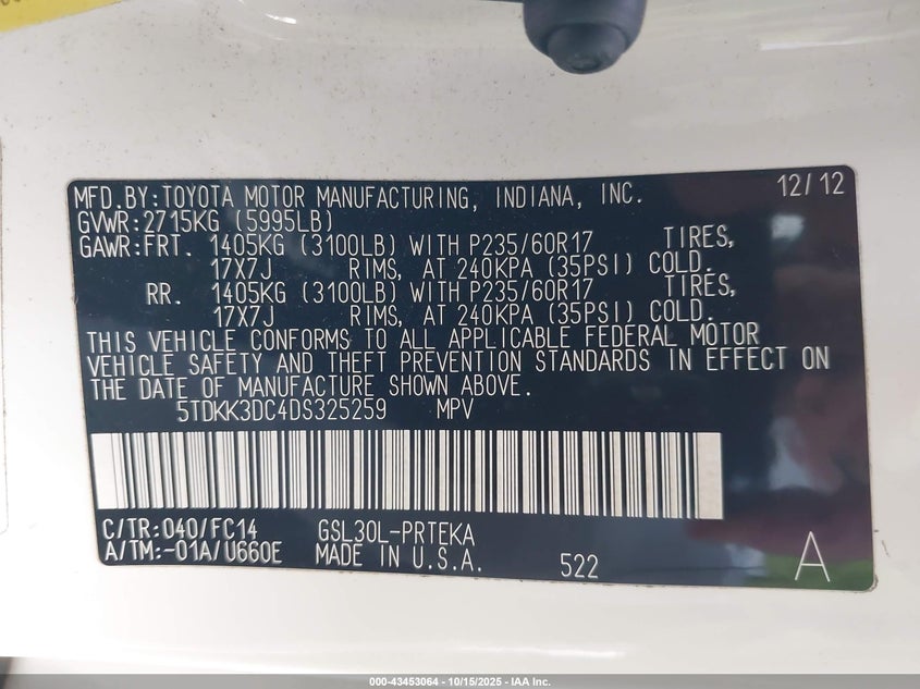 5TDKK3DC4DS325259 2013 TOYOTA SIENNA photo no. 9