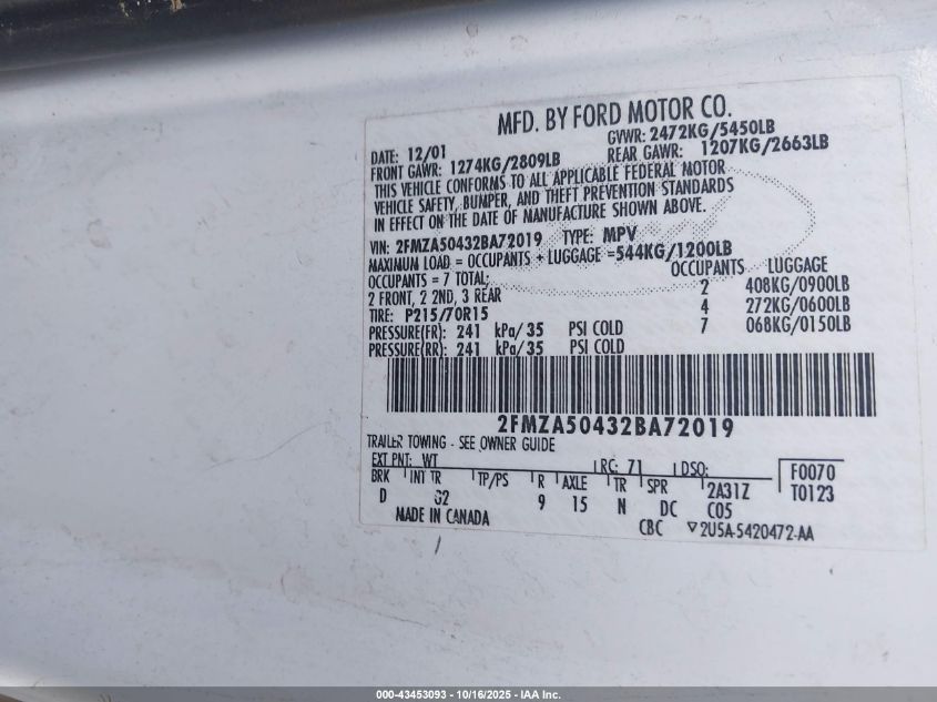 2002 Ford Windstar Lx VIN: 2FMZA50432BA72019 Lot: 43453093