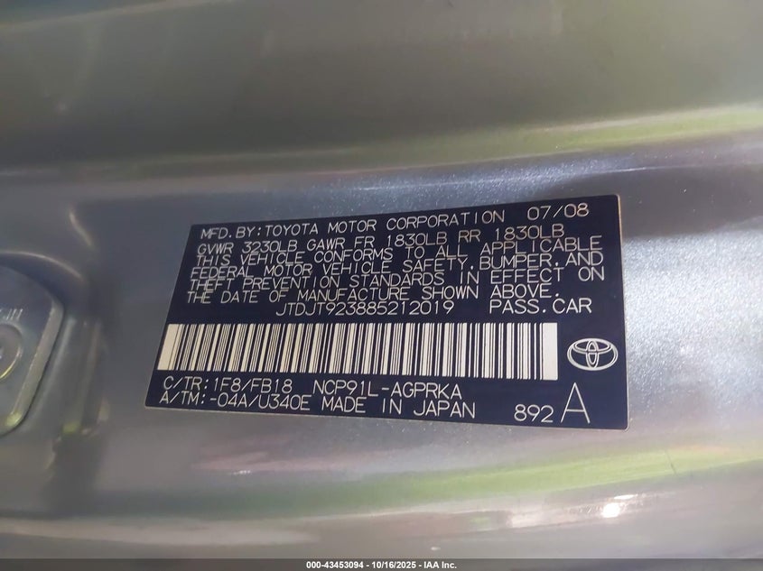 JTDJT923885212019 2008 TOYOTA YARIS photo no. 9