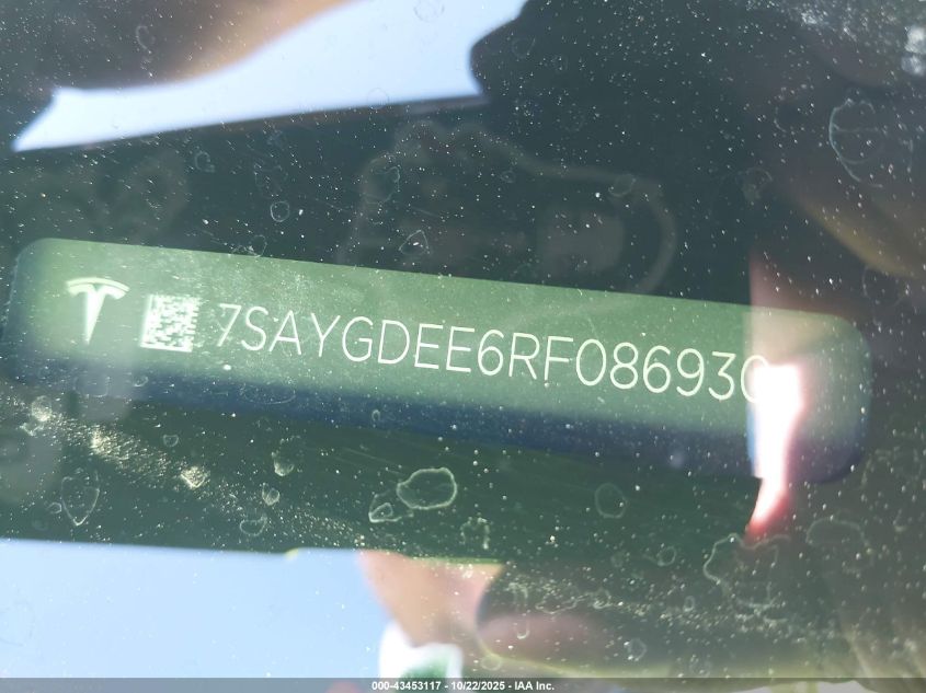 2024 Tesla Model Y Long Range Dual Motor All-Wheel Drive VIN: 7SAYGDEE6RF086930 Lot: 43453117