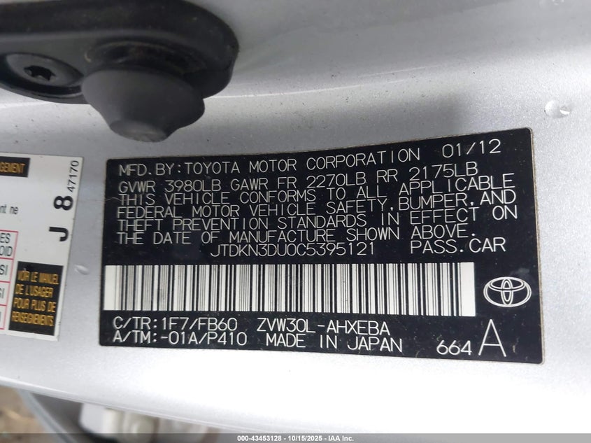 JTDKN3DU0C5395121 2012 TOYOTA PRIUS photo no. 9