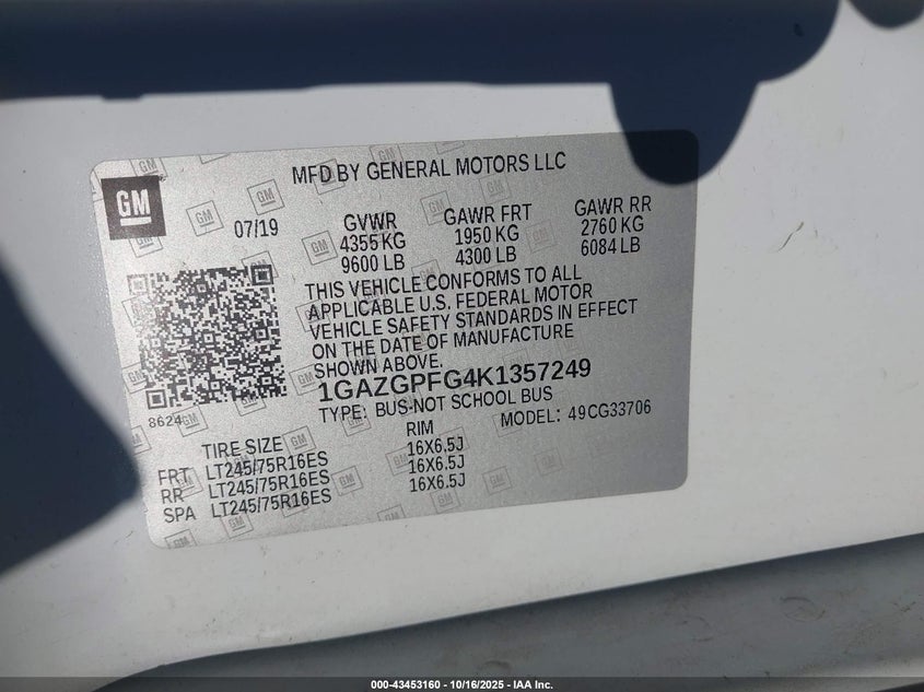 2019 CHEVROLET EXPRESS 3500 LT 1GAZGPFG4K1357249