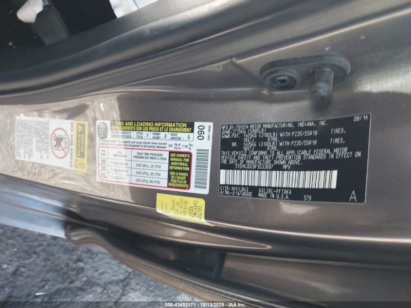 2015 Toyota Sienna Limited 7 Passenger VIN: 5TDYK3DC9FS533697 Lot: 43453171