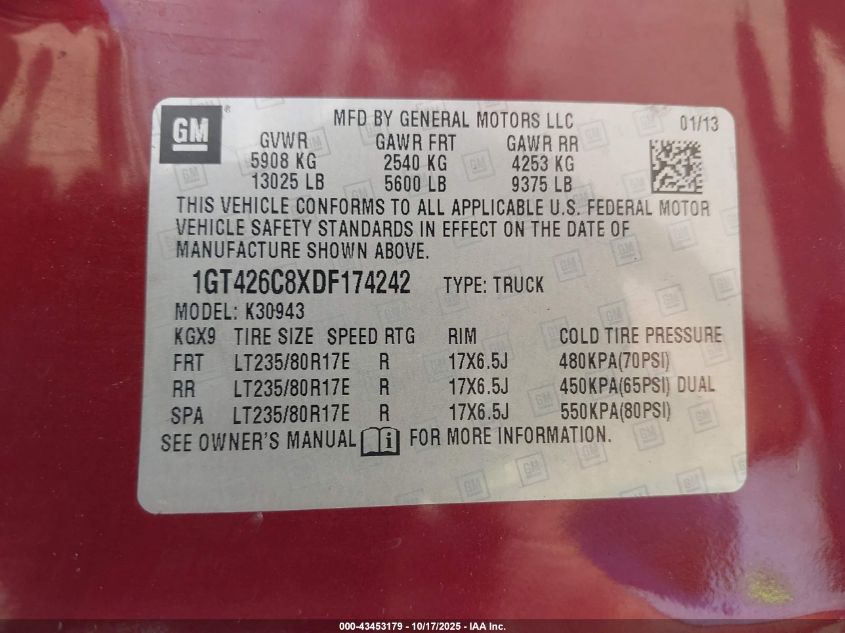 2013 GMC Sierra 3500Hd Denali VIN: 1GT426C8XDF174242 Lot: 43453179