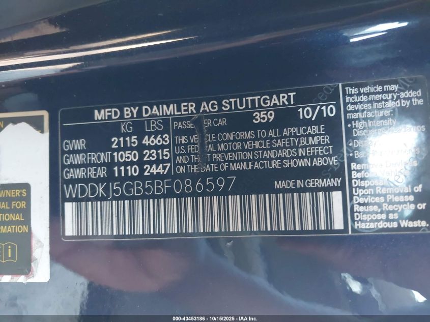 2011 Mercedes-Benz E 350 VIN: WDDKJ5GB5BF086597 Lot: 43453186