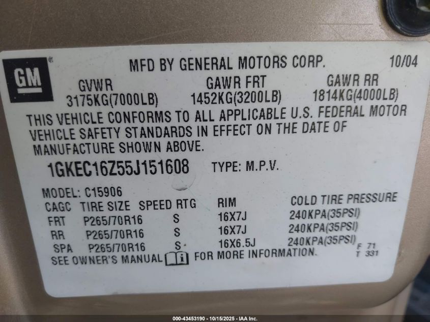 2005 GMC Yukon Xl 1500 Sle VIN: 1GKEC16Z55J151608 Lot: 43453190