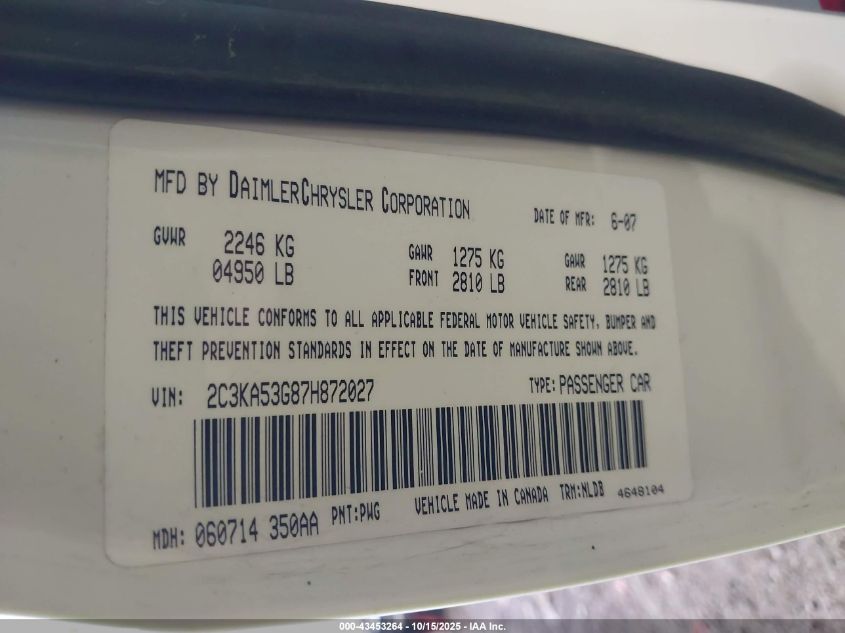 2007 Chrysler 300 Touring VIN: 2C3KA53G87H872027 Lot: 43453264