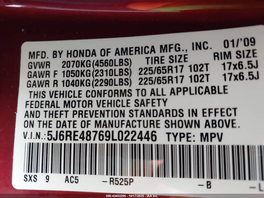 5J6RE48769L022446 2009 HONDA CR-V photo no. 9