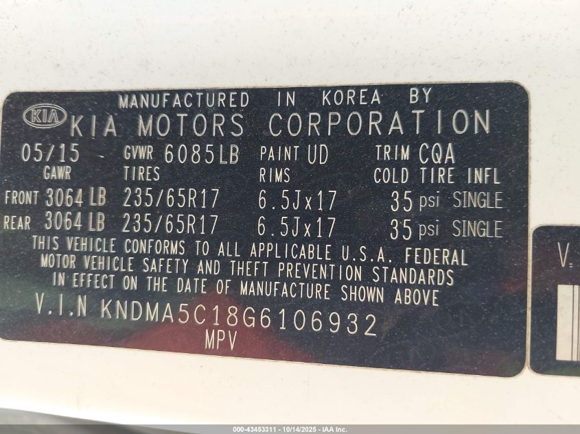 2016 Kia Sedona L VIN: KNDMA5C18G6106932 Lot: 43453311