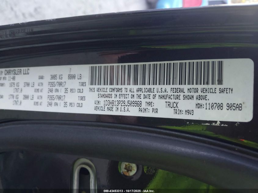 2009 Dodge Ram 1500 Slt/Sport/Trx VIN: 1D3HB13P29J509968 Lot: 43453313